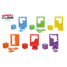 Les différentes plaques et les cubes correspondants du jeu Happy cube Original