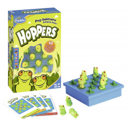 matériel, plateau, grenouilles et cartes défi du jeu Hoppers