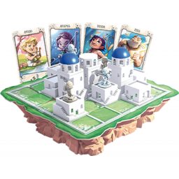 Plateau et cartes personnages du jeu Santorini