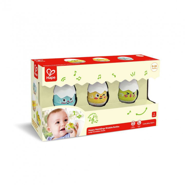 Boîte du set de 3 hochets poussins hape