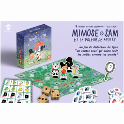 Boite, plateau et matériel du jeu pour enfants Mimose & Sam et le voleur de fruits