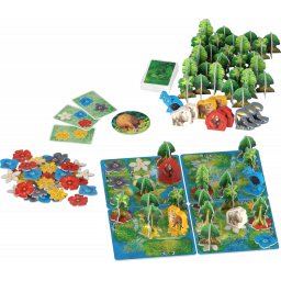 Partie de jeu en cours avec tout le matériel du jeu Hutan de Lucky Duck Games